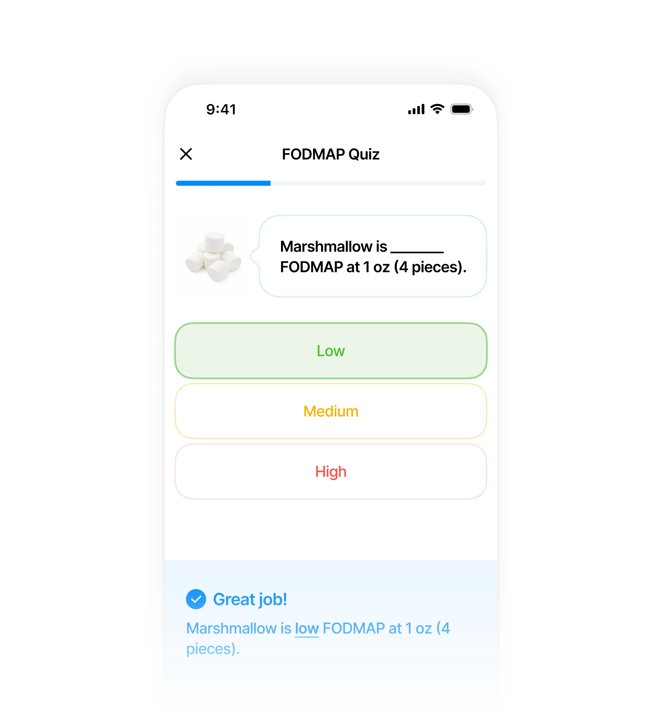 FODMAP quiz screen asking about Marshmallow's FODMAP level.