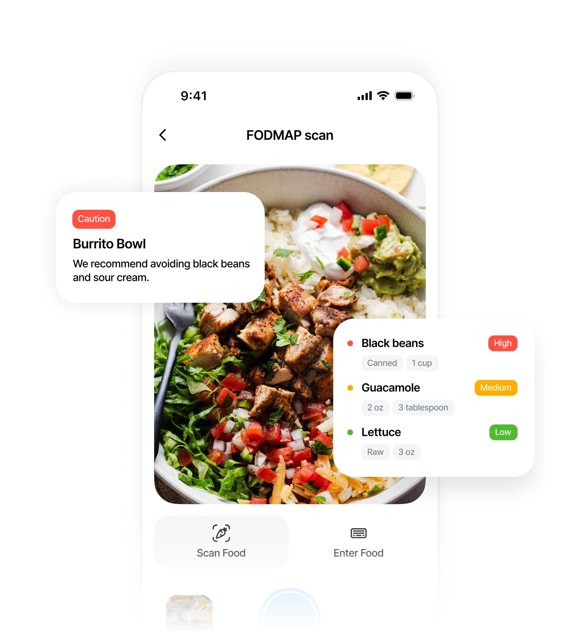 Zota app scanning a burrito bowl and flagging black beans, guacamole, and lettuce by FODMAP level.