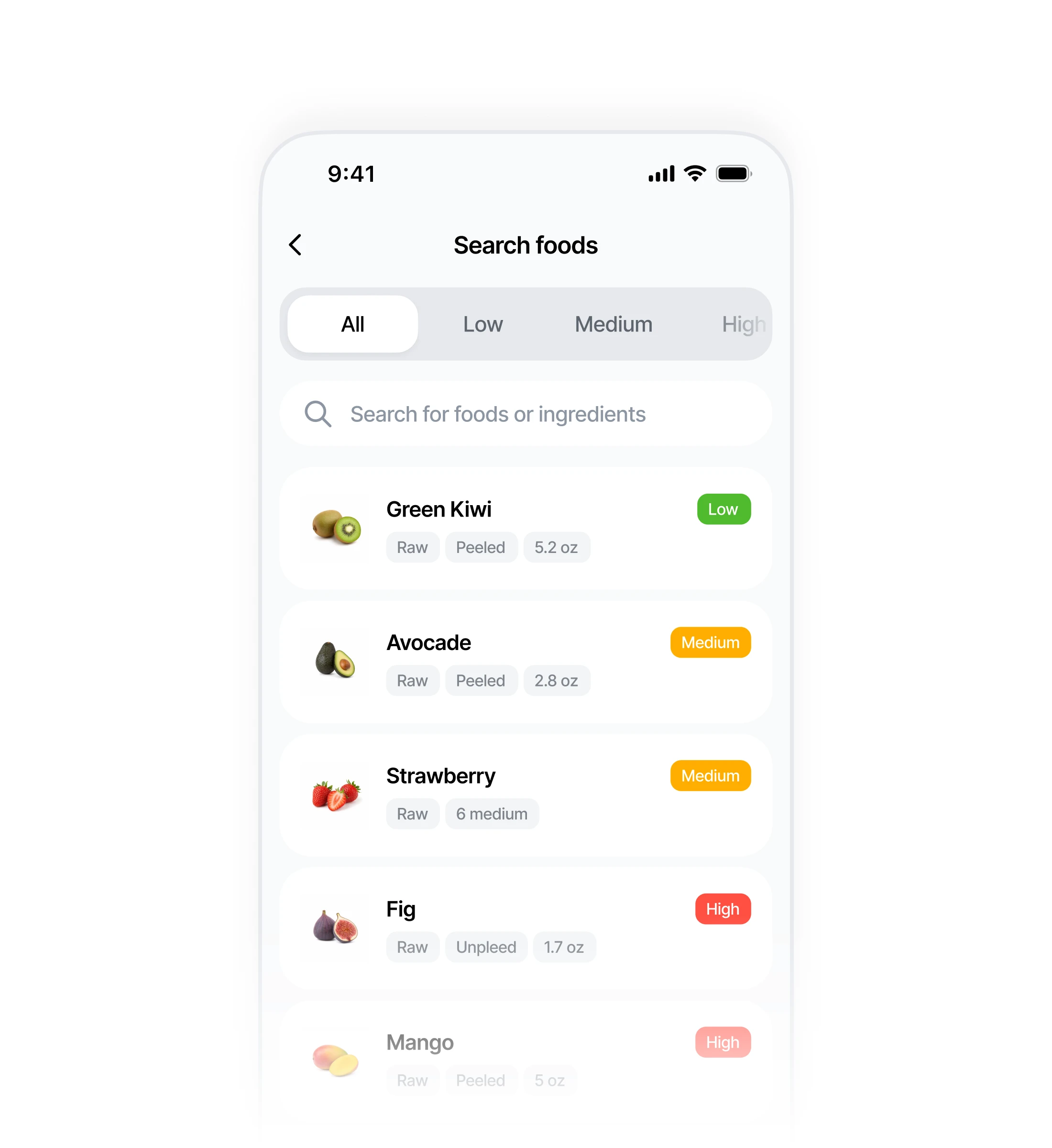 Searching foods with low/medium/high FODMAP filters in the Zota app.